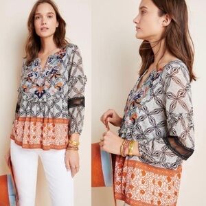 Sold Anthropologie Embroidered Floral Semi Sheer Multimedia Blouse Small